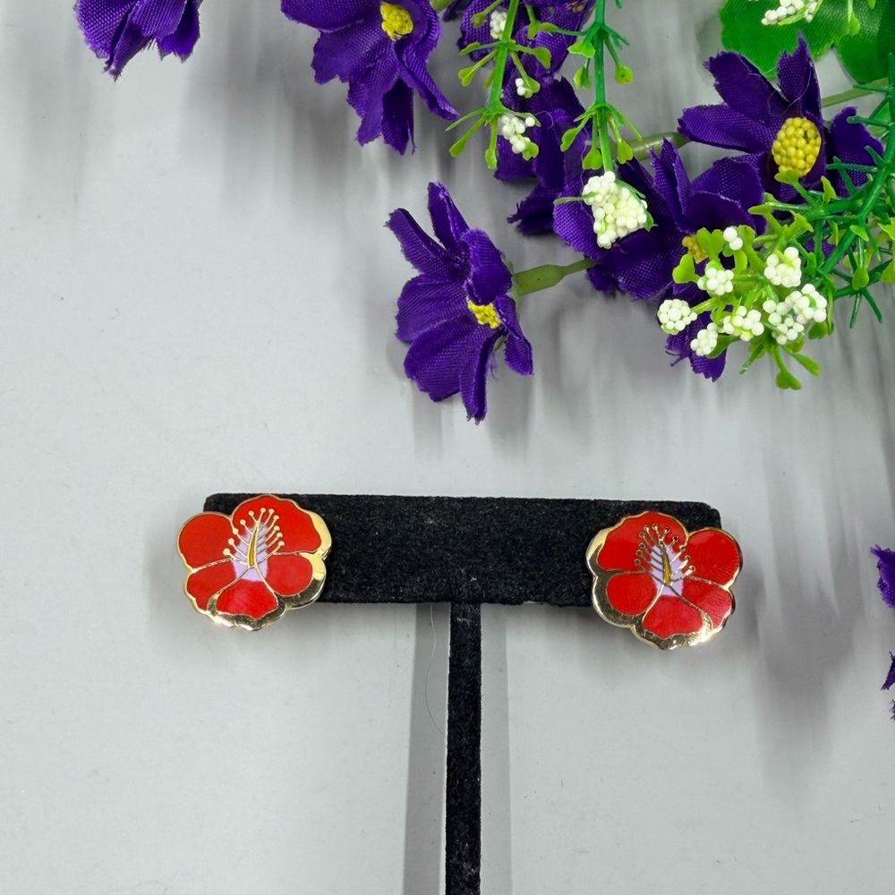 Laurel Burch Signed Red & Purple Hibiscus Enamel Stud Earrings